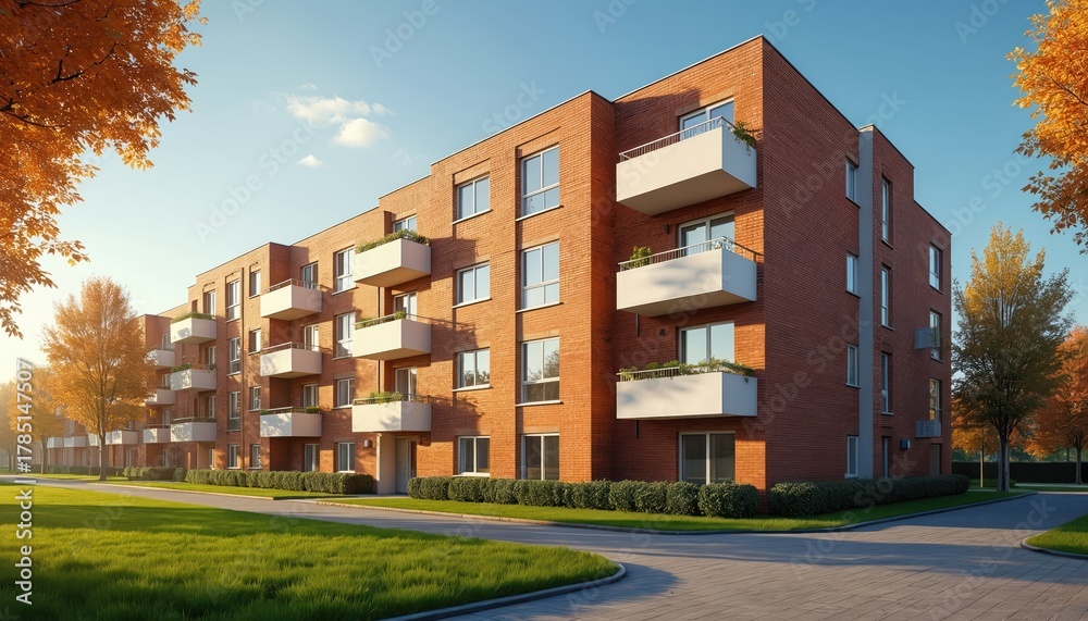 Obraz premium Modern brick apartment building features many white balconies with green plants. Rich green lawn, paved pathway in front of modern residential complex. Autumn trees with vibrant orange yellow leaves