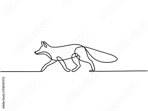 A simple line drawing shows a fox walking across a stark white background.