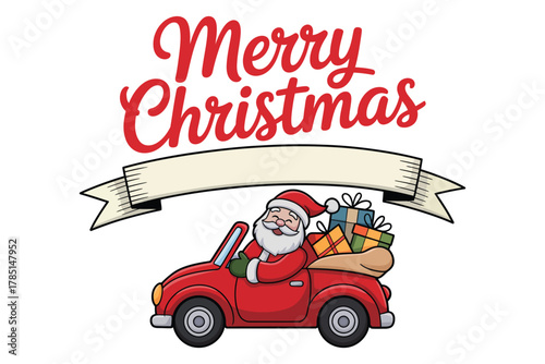 Santa Claus driving a car filled with presents, wishing Merry Christmas.