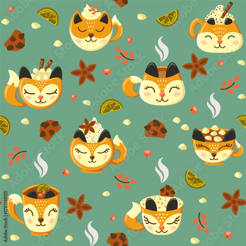 Cozy pattern with foxy mugs of coffee and tea with cookies, lemon, berries, cinnamon and marshmellows. Vector illustration.