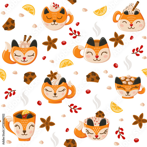 Cozy pattern with foxy mugs of coffee and tea with cookies, lemon, berries, cinnamon and marshmellows. Vector illustration.