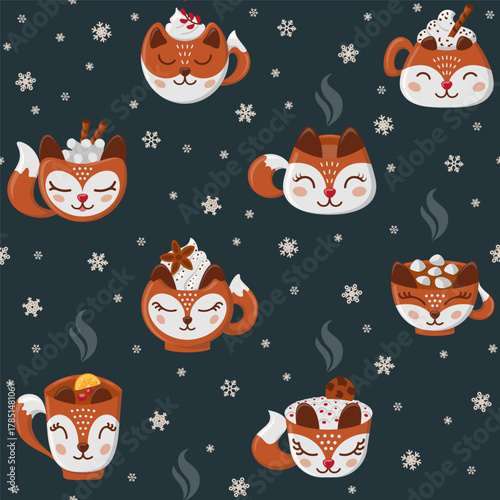 Cozy pattern with foxy mugs of coffee and tea with cookies, lemon, berries, cinnamon and marshmellows. Vector illustration.