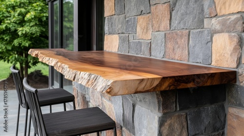 Rustic Outdoor Bar Live Edge Wood Countertop and Stone Wall, Outdoor bar , Live edge