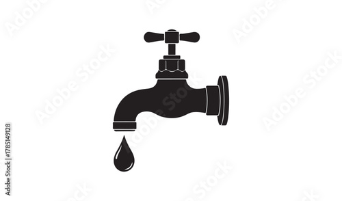 Black silhouette of a dripping water faucet with a single water drop