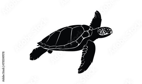 Black silhouette of a sea turtle swimming against a white background