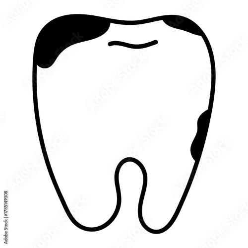 Minimal black line doodle illustration of a tooth with a cavity. Suitable for dental clinic logos, oral health infographics, patient education materials, hygiene brochures and professional