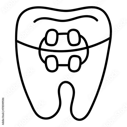 Black line doodle illustration of a tooth with braces. Ideal for use in orthodontic clinic branding, dental care websites, oral health education materials and hygiene awareness posters. Perfect for