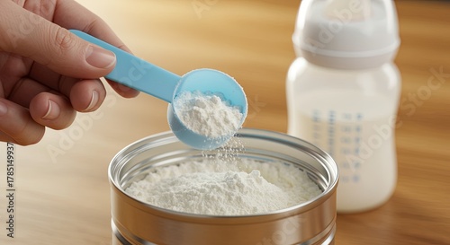 Preparing Baby Formula with Scoop and Bottle infant milk powder food nutrition can feeding health healthcare newborn