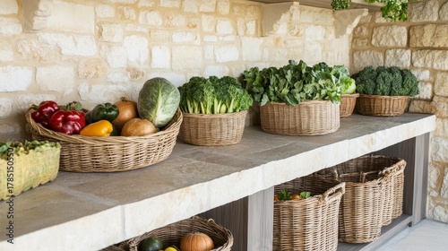 Wallpaper Mural Vegetable Bounty Wicker Baskets of Fresh Produce on Stone Countertop, kitchen, vegetables Torontodigital.ca