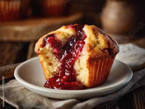 Muffin filled with cherry jam  on a plate