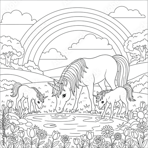 Beautiful Unicorn and Rainbow Safari Scene Coloring Sheet