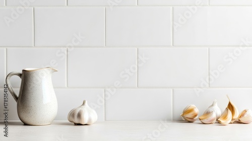 Ceramic Pitcher, Whole and Cloves Garlic Still Life with White Tile Background, kitchen , cooking