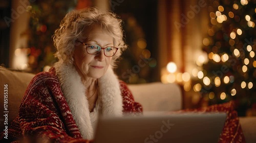 Senior Caucasian woman with curly gray hair, wearing glasses and a red robe, using a laptop in a cozy living room decorated for Christmas.