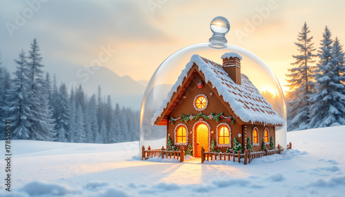 Wallpaper Mural Decorated gingerbread house glowing under a glass dome in watercolor surrealism for artistic Christmas Torontodigital.ca