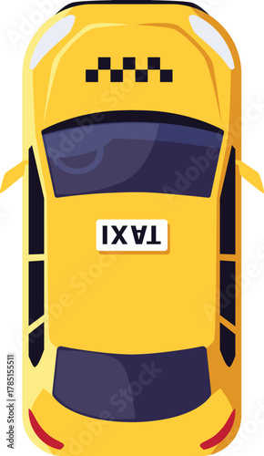 Yellow taxi car, top view. Urban transportation, parking lot.