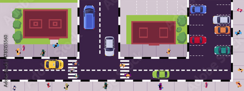 City street, top view, with cars, buildings, and people.