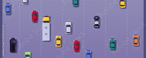 Multi-lane road, aerial view, road markings, brightly colored moving cars.