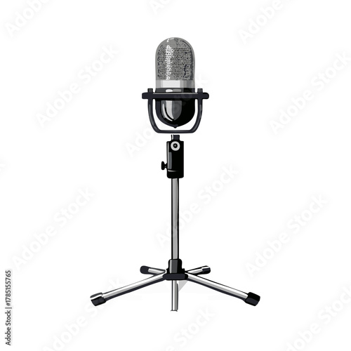 Classic retro silver microphone on a stand for broadcast communication and sound recording vector illustration