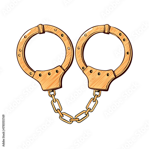 Illustrative Golden Handcuffs Connected by a Chain Symbolizing Restraint and Justice