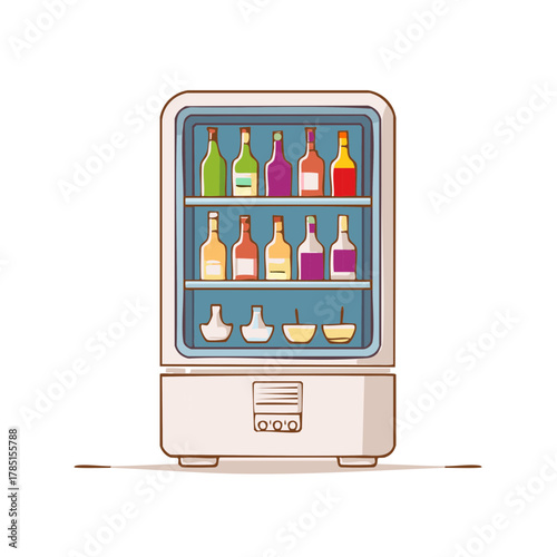 Illustration of a retro refrigerator stocked with colorful bottles and jars
