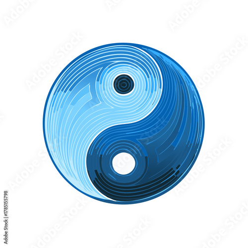 Symmetrical Yin and Yang Symbol in Shades of Blue With Abstract Line Design