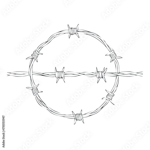 Stylized Barbed Wire Circle Design with Horizontal Strand Drawing Illustration
