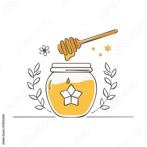 Organic honey in a glass jar with a dripping dipper minimalist line art illustration