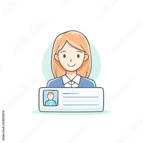 Smiling Woman with Identification Card Illustration in Blue and Peach Color