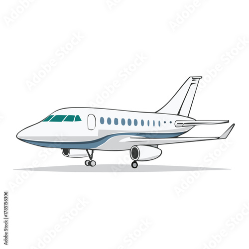 Sleek white business jet airplane with landing gear down cartoon vector illustration