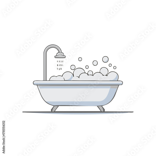A bathtub with a shower head running water into foamy bubbles and circles representing air.