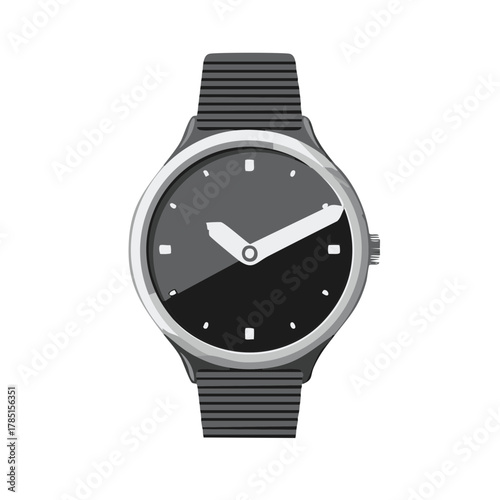 Modern minimalist analog wristwatch with a black face and striped band vector illustration