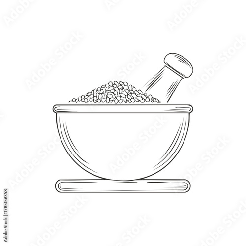 Hand drawn illustration of a mortar and pestle filled with small seeds or beans