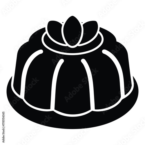 Black silhouette of a bundt cake with decorative top on a white background Keywords: bundt cake, dessert, sweet, food, baking, pastry, confectionery, silhouette, black and white, icon, symbol