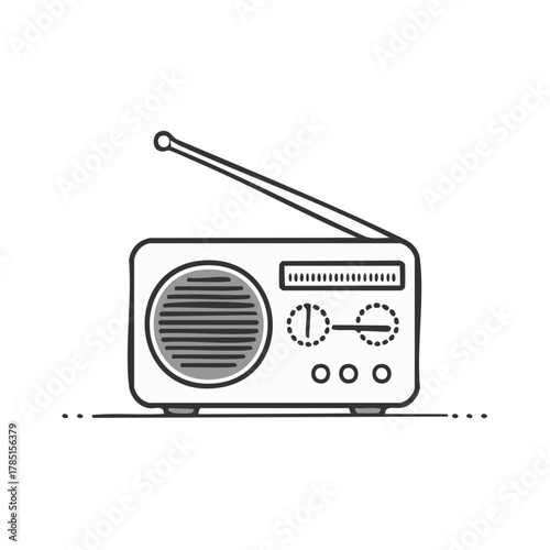 Retro portable radio with antenna and control knobs drawn in outline style