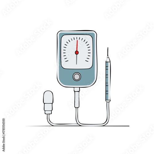 Medical illustration of a blood pressure monitor with tubing and syringe