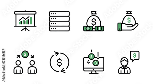 Set of icons representing financial growth, data, and business transactions.
