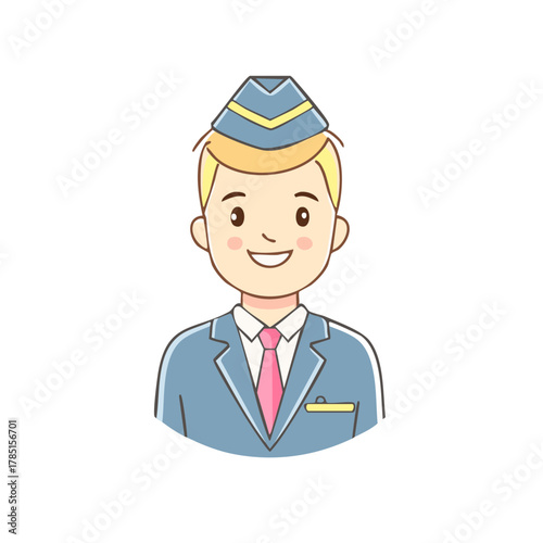 Illustration of a smiling male flight attendant in uniform with a hat and tie