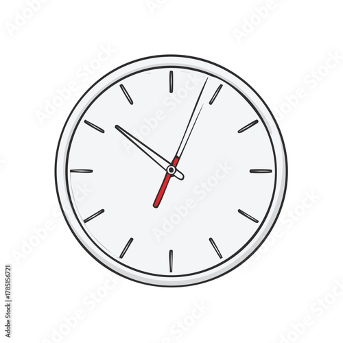 Drawn illustration of a simple clock face with red and black hands indicating time.