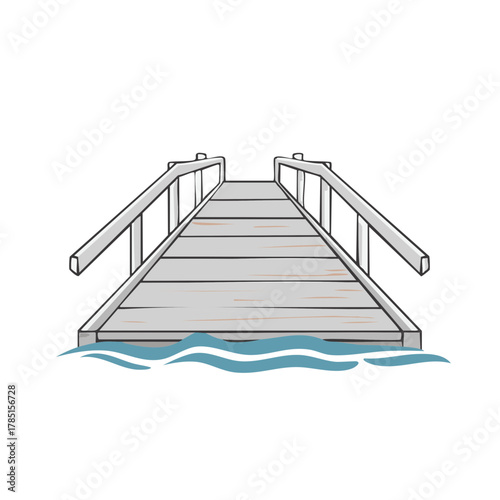 Wooden pier walkway with handrails extending over blue water in a simple illustration