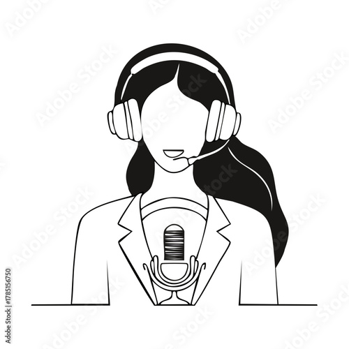 Professional woman wearing a headset with microphone delivering online customer service or podcasting
