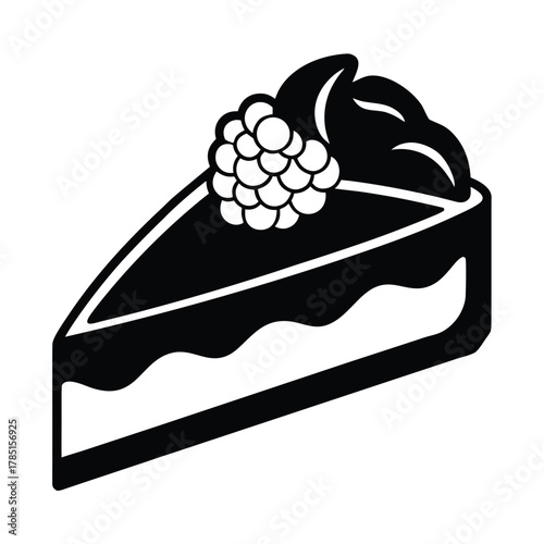 Black silhouette of a slice of cake with a raspberry and cream on a white background Keywords: cake, dessert, sweet, food, baking, pastry, confectionery, silhouette, black and white, icon, symbol