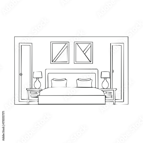 Bedroom interior illustration with bed bedside tables and lamps