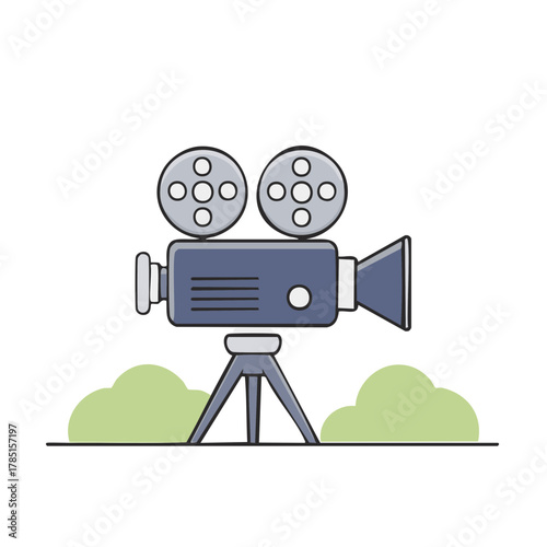 Vintage Film Camera on Tripod, Reels and Bushes, Artistic Illustration