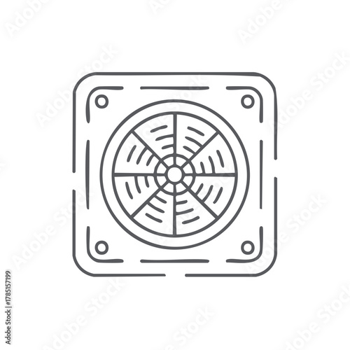 Minimalist vector icon of a computer fan, symbolizing cooling, airflow, and electronic ventilation.