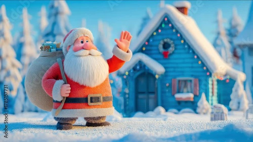 Santa Claus in festive attire stands in snowy landscape, waving cheerfully with a bag of gifts, as camera pans to capture the charming winter scene and cozy blue house