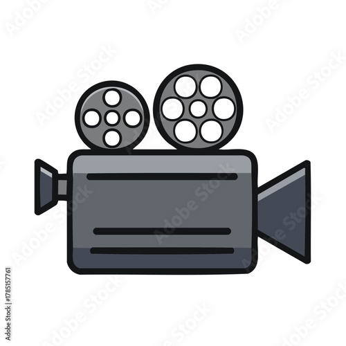 Classic film camera illustration with reels, media movie icon, cinematography emblem, isolated