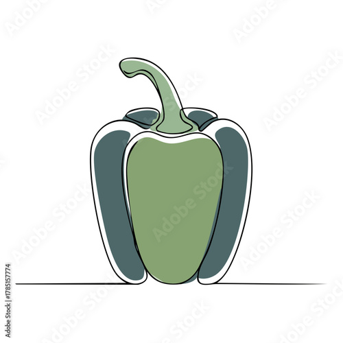 Elegant line drawing of a green bell pepper vegetable in contemporary style, food ingredient icon.