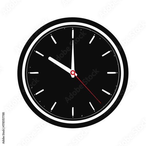 Black Minimalist Analog Clock Face with White Hands and Red Second Hand Vector Graphic