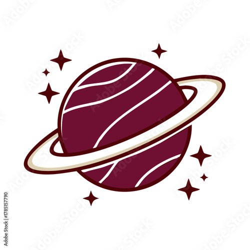 Vector illustration of a cute cartoon planet with rings surrounded by stars