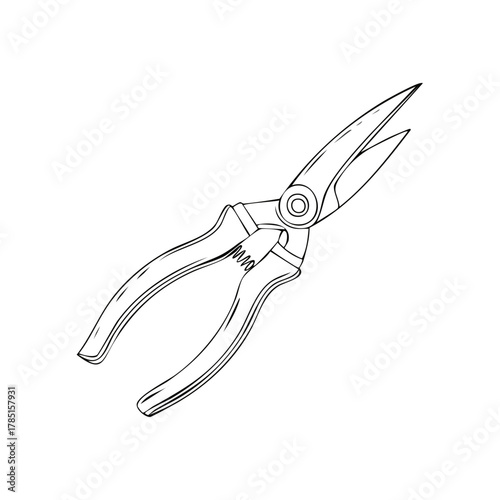 Line art illustration of gardening shears, detailed drawing of pruning tool.